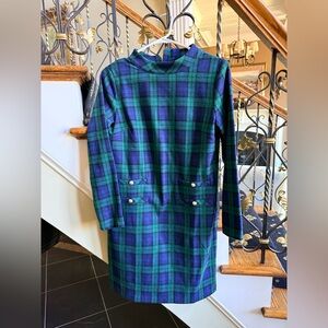 Talbots EUC Green /Navy Dress. Gold zip back. Gold front buttons. 6P